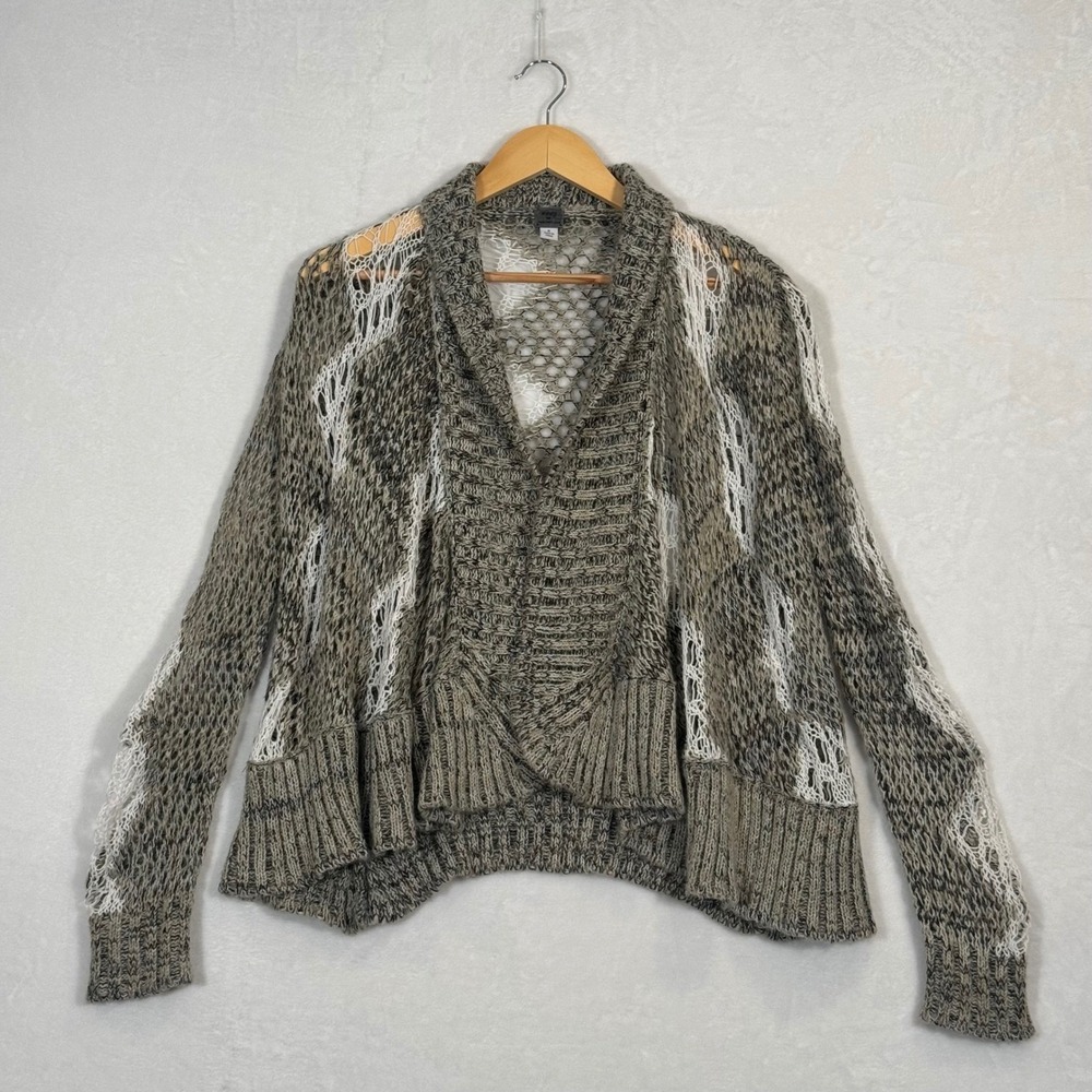 Poof Grey Marled Open Knit Distressed Cardigan Sweater Small